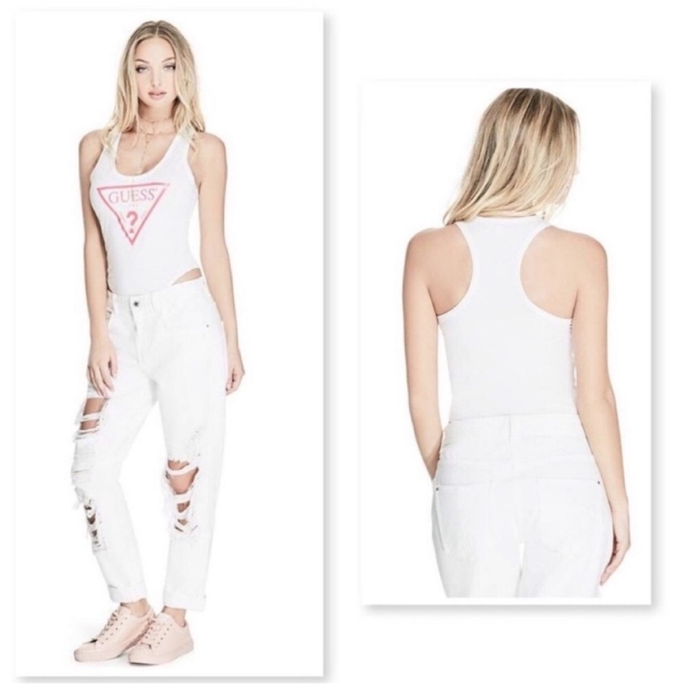GUESS White Tank with Neon Pink Triangle Logo
